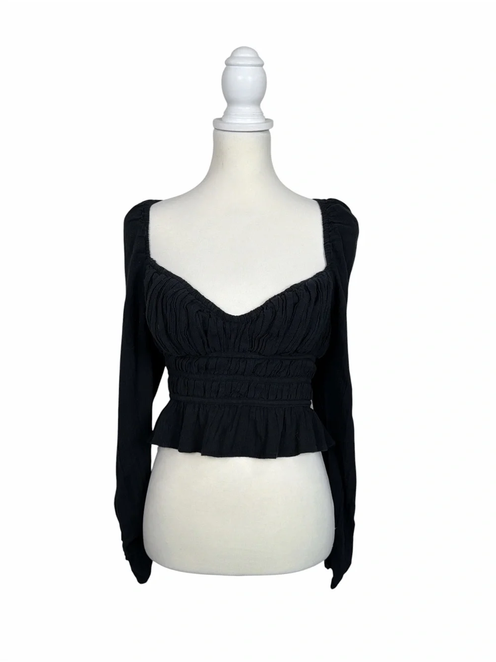 Free People Black Smocked Peplum Top Long Sleeve Cotton Gauze Boho Blouse XS-S
